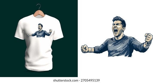 Design de camiseta vetorial com um homem gritando triunfalmente com os punhos cerrados, ilustrado com linhas expressivas, sombreamento arrojado e movimento dinâmico para destacar a vitória, adrenalina, liberação emocional