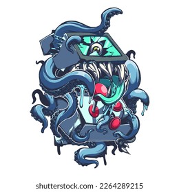 vector t-shirt design featuring a tentacle monster fused with an arcade game machine