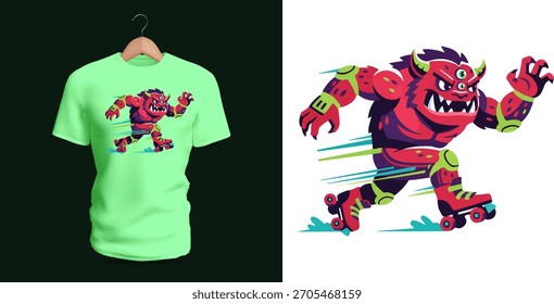 Vector T-shirt design of a fierce red and purple monster roller-skating at high speed with clenched teeth and muscular limbs. Motion streaks emphasize intense forward momentum