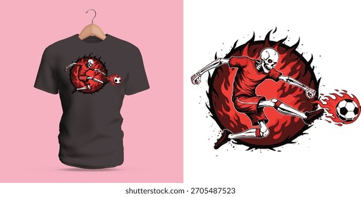 Design de camiseta vetorial de um jogador de futebol de esqueleto ardente chutando uma bola em chamas. Chamas vermelhas intensas cercam a pose dinâmica enquanto a figura esquelética oscila para a frente com um movimento poderoso