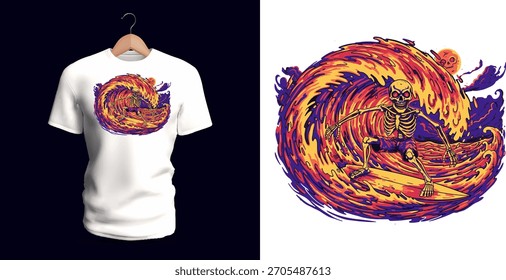 Design de camiseta vetorial de um surfista de esqueleto em chamas cavalgando um vórtice de fogo e fumaça. Linhas curvas, gradientes quentes e movimento dinâmico intenso criam um arrojado e dramático surfe sobrenatural