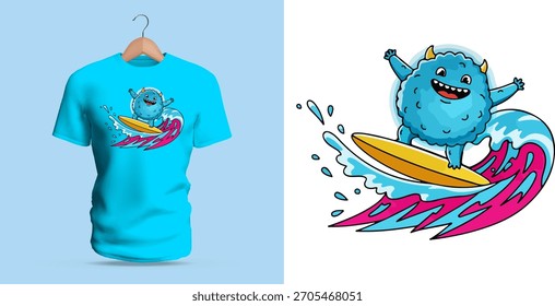 Vector T-shirt design of a fluffy blue monster surfing on colorful waves with cheerful expression. The creature balances confidently on the board as splashing water curves around