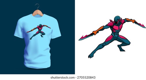 Design de camiseta vetorial de um guerreiro blindado futurista em uma pose de luta acrobática, mostrando lâminas estendidas e detalhes de terno elegante, ilustrado com movimento dinâmico, agilidade e combate de alta tecnologia 