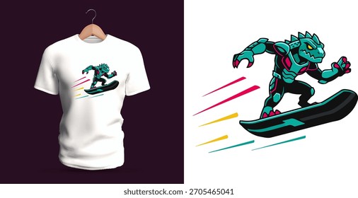 Vector T-shirt design of a futuristic reptile warrior snowboarding at high speed, featuring angular armor, sharp claws, sleek glowing details, and motion streaks. The creature leans aggressively