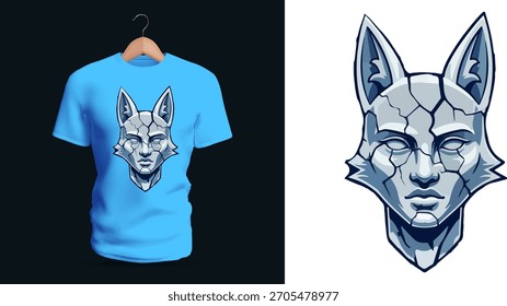 T-shirt de vetor design de uma máscara geométrica lobo construído a partir de formas de pedra angular. A face apresenta planos poligonais nítidos, tons azuis gelados, forte simetria e detalhes esculturais esculpidos
