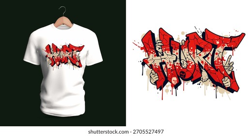 Design de camiseta vetorial com a palavra de grafite "HURT", representada usando texturas rachadas, traçados quebrados, tinta pingando e estilo de arte de rua emocional simbolizando dor, intensidade e expressão crua
