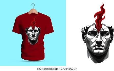 Design de camiseta vetorial de uma cabeça de estátua clássica em tons de cinza perfurada por uma forma de chama vermelha ascendente. Sombras fortes, contornos de pedra e cores mínimas dramáticas criam uma escultura simbólica ousada