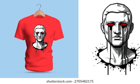 Design de camiseta vetorial de uma cabeça de estátua em tons de cinza com olhos vermelhos brilhantes e grossas lágrimas pretas pingando para baixo. O forte contraste entre a pedra pálida e as listras de tinta escura cria uma assombração
