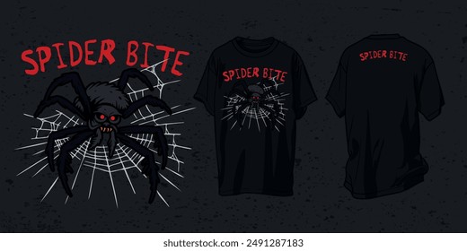 Vector T-Shirt Design, Illustration of Fear the Bite Creepy Spider, pooky Vibes, Scare, Survive. Perfect for Streetwear, Halloween Apparel, Casual Fashion, Oversized T-Shirts, Hoodies, Sweatshirts