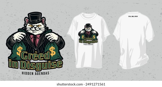 Vector T-Shirt Design, Illustration of Greed in Disguise, a Wealthy Chubby Cat Character in a Suit. Ideal for Casual Wear, Satirical Clothing, Statement Tees, Graphic Tees, Oversized T-Shirts, Hoodie