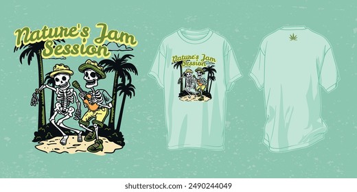 Vector T-Shirt Design, Illustration of Reggae Skeletons Musician in Nature Palm Forest, for Casual Wear, Music Shirt and Summer Events Apparel. Perfect for Oversized T-shirts, Hoodies, and Sweatshirts