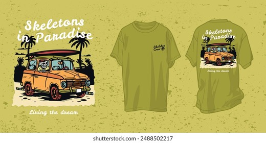 Vector T-Shirt Design, Illustration of  Summer Beach Party Skeleton in Vintage Car, Ride or Die at The Beach, for Casual Wear and Summer Events Apparel. For Oversized T-shirt, Hoodie and Sweatshirt