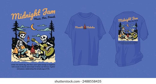 Vector T-Shirt Design, Illustration of Tropical Skeleton Duo Playing Guitar, for Music wear, Beach clothes, Clothing, Summer Events Apparel. Print for Oversized T-shirt, Hoodie, and Sweatshirt