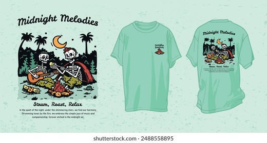 Vector T-Shirt Design, Illustration of Tropical Skeleton Duo Playing Guitar and Grill Food, Camping, for Print, Music Tee, Beach and Summer Events Apparel, Oversized T-shirt, Hoodie, and Sweatshirt