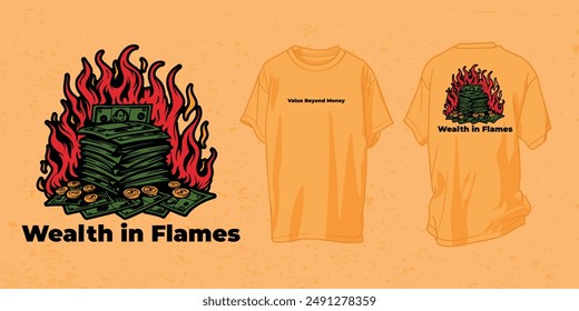 Vector T-Shirt Design, Illustration of Wealth in Flames, a Burning Money Bag. Perfect for Casual Wear, Streetwear, Graphic Tees, Statement Tees, Oversized T-Shirts, Hoodies, and Sweatshirt