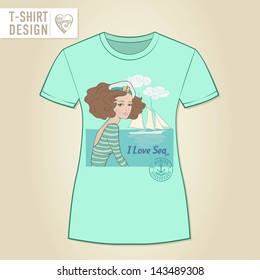 Vector T-shirt Design with Marine Girl