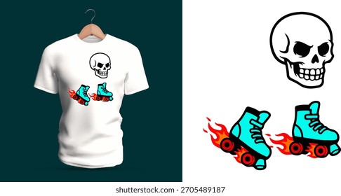 Vector T-shirt design of a playful skull wearing roller skates with fiery wheels, gliding forward cheerfully. Bright flames, smiling bones, and cartoon curves create a fun energetic skating 