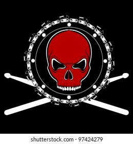 Vector tshirt design with red skull on chainsaw drum