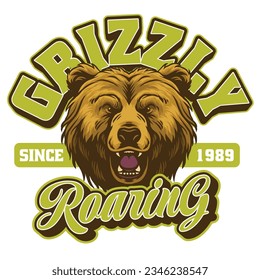 Vector of T-shirt Design of Roaring Grizzly Bear Full Color in Vintage Design