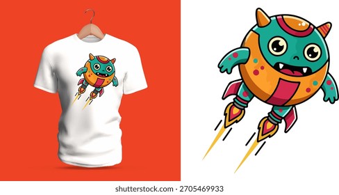 Vector T-shirt design of a round robotic creature blasting upward with fiery rocket boosters. The character features bright panels, cute expressive eyes, metallic limbs, and colorful jets