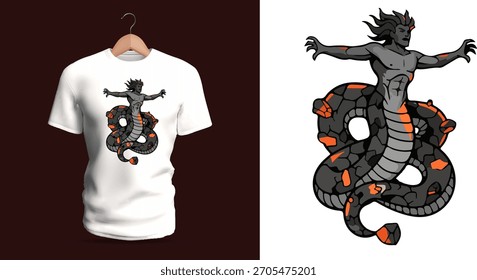 Design de camiseta vetorial de uma criatura serpentina enrolando para cima com vários braços. Seu corpo apresenta escalas segmentadas, acentos brilhantes laranja e curvas dramáticas, formando uma besta híbrida mitológica