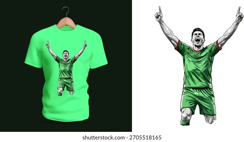 Design de camiseta vetorial mostrando um jogador de futebol celebrando levantando os dois braços em triunfo, ilustrado com sombreamento dramático, postura atlética e linguagem corporal energética refletindo vitória, emoção