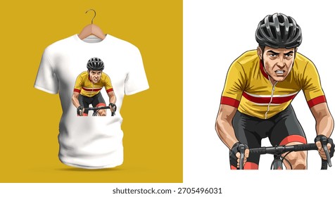 Vector T-shirt design showing a competitive cyclist in a low aerodynamic position gripping the handlebars, featuring defined facial tension, strong posture, and bold colors expressing stamina