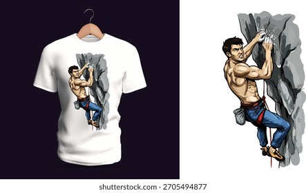 Design de camiseta vetorial mostrando um determinado escalador de rochas escalando uma parede vertical robusta, com músculos definidos, detalhes de arnês de escalada e uma postura focada que transmite desafio, precisão