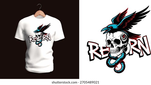 Design de camiseta vetorial de um crânio entrelaçado por um pássaro de penas pretas com o texto estilizado "Renascer". Bico afiado, penas escorrendo e acentos vermelhos girando criam um grap gótico com tema de renascimento dramático