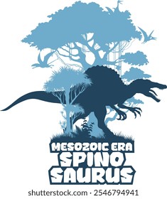 vector t-shirt design with Spinosaurus in jungle. Vector sticker with Spinosaurus and pterodactyl