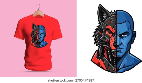 Vetor T-shirt design de um retrato split-face mostrando metade humano e metade lobo mecânico. A composição contrasta características humanas de tonalidade azul com detalhes de lobo robótico vermelho afiado