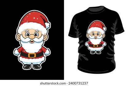 A vector t-shirt design template featuring a cute santa claus wearing a red hat and a white beard and smiling. his template is perfect for christmas sales, as it is fun, festive, and colorful. #print