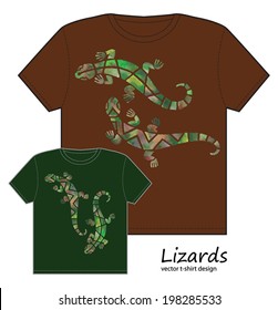 vector t-shirt design template with image of stylized watercolor lizards
