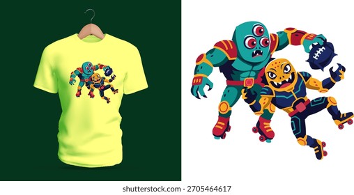 Vetor T-shirt design de dois coloridos robôs blindados envolvidos em um jogo de futebol divertido, com rostos expressivos, placas segmentadas e formas mecânicas arrojadas. Seu movimento dinâmico entrelaçado cria