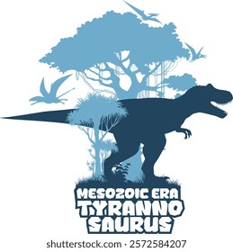 vector t-shirt design with tyrannosaurus in jungle. Vector sticker with tyrannosaurus and pterodactyl	