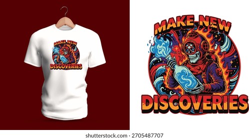 O design de camiseta vetorial de um astronauta subaquático cercado por ondas giratórias no oceano, segurando um orbe brilhante com o texto "Make New Discoveries" (Faça novas descobertas). Azul brilhante, laranjas e movimento fluido