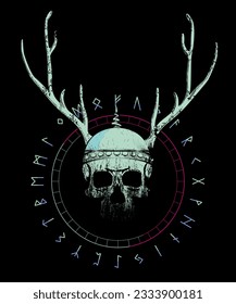 Vektor-T-Shirt-Design eines Wikingerschädels mit Elchhörnern und Runen einzeln auf Schwarz. Poster