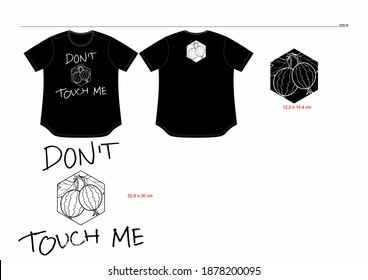 diseño de camisetas vectoriales, con la palabra no me toquen, y fruta en tela negra.