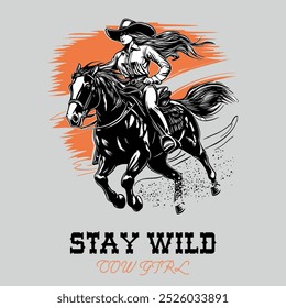 Vector T-shirt graphic features a dynamic cowgirl on horseback. Western slogan, cowgirl slogan. Vector graphics for t-shirt prints and other uses.