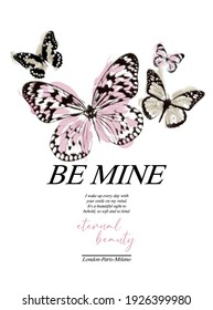 vector t-shirt graphic with grunge butterflies and watercolor, quote, wording, hand-writing, romantic mood 