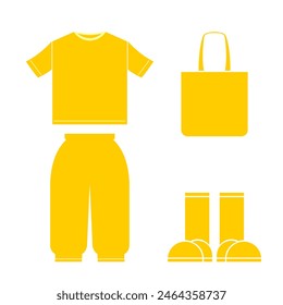 vector t-shirt, hat, pants and orange tote bag, simple and comfortable style