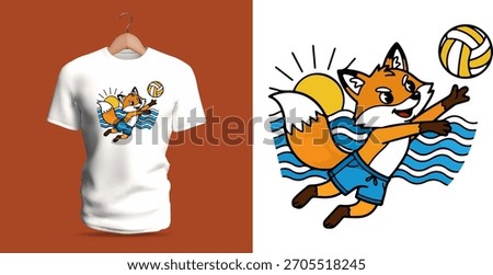 Vector T-shirt illustration of a cheerful fox playing volleyball, leaping with extended paw and joyful expression, surrounded by stylized waves and motion accents conveying fun, agility, and cartoon 