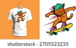 Vector T-shirt illustration of a cool orange cat skateboarding fast, wearing a cap and sneakers, drawn in dynamic cartoon style with bright speed lines and energetic youthful attitude.