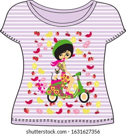 Vector t-shirt illustration of girl riding a bike with flowers around