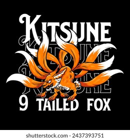 Vector t-shirt illustration of japanese Kitsune nine Tailed Fox