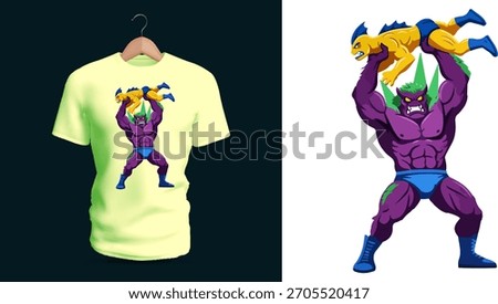 Vector T-shirt illustration of a powerful purple creature lifting a smaller yellow character overhead, drawn in bold comic style with exaggerated muscles, expressive motion, and dynamic action
