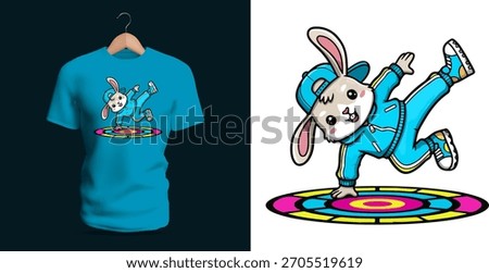 Vector T-shirt illustration showing a dancing rabbit performing a breakdance move on a colorful circular floor, drawn with lively expression, energetic pose, and bright cartoon style capturing rhythm