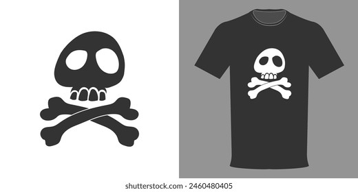 Vector t-shirt illustration of a skull with crossbones in a cartoon style isolated on a white background. Typographic template for sticker, decal, poster