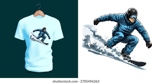 Vector T-shirt illustration of a snowboarder carving through snow at high speed, wearing full winter gear, with snow spray, dynamic lower-body control, and sharp movement lines that express action
