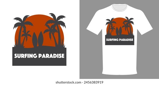 Vector t-shirt illustration of Surfing Paradise, Palm trees, sunset, surfboard and palms